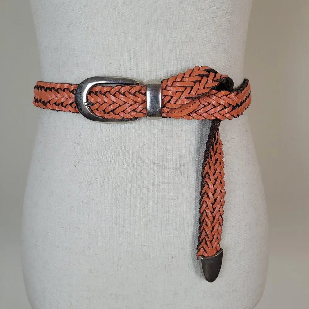 VTG Capezio Belt 2XL Orange Leather Braided Woven Western Boho Minimalist 90s